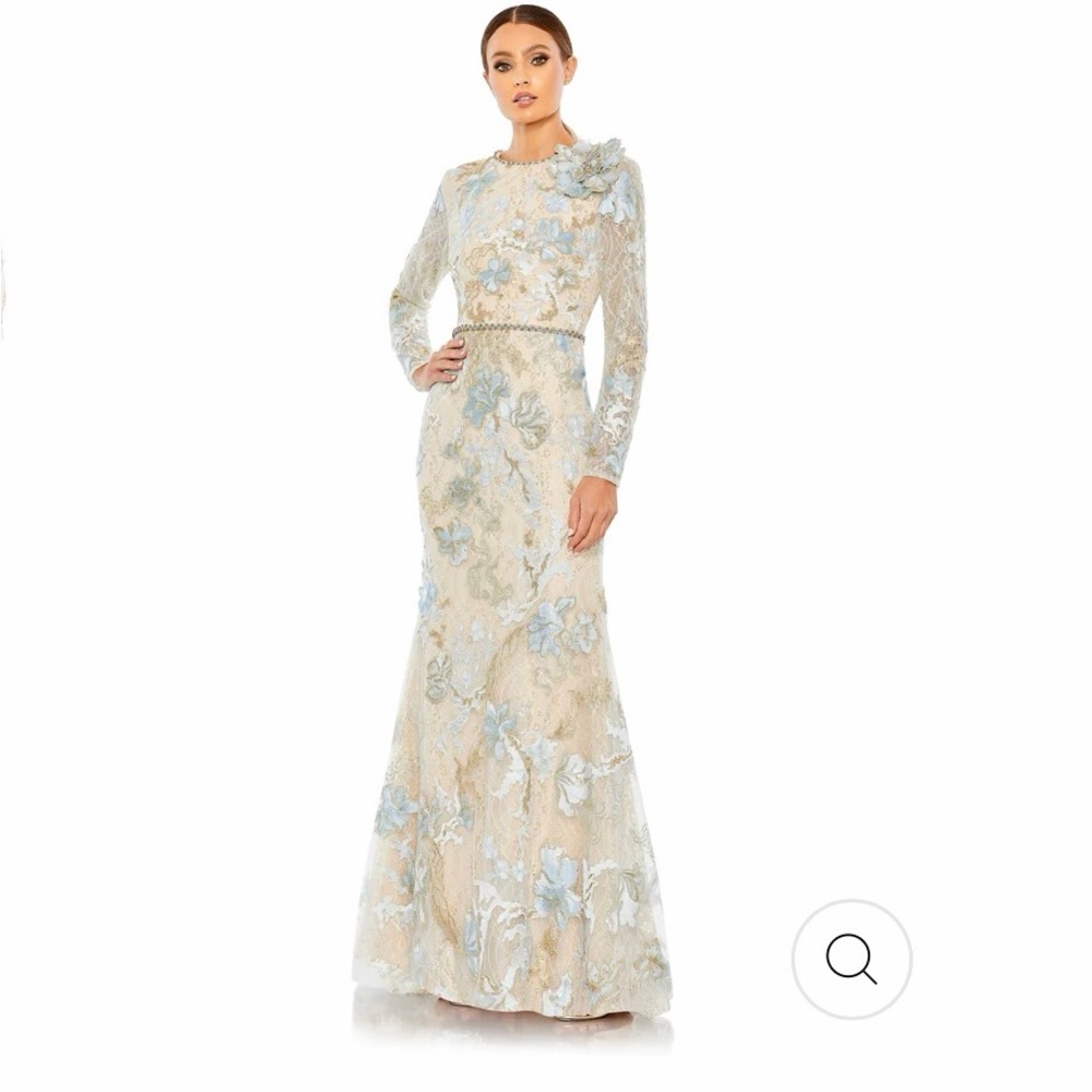 Mac Duggal Cream and Blue Floral Lace Gown
